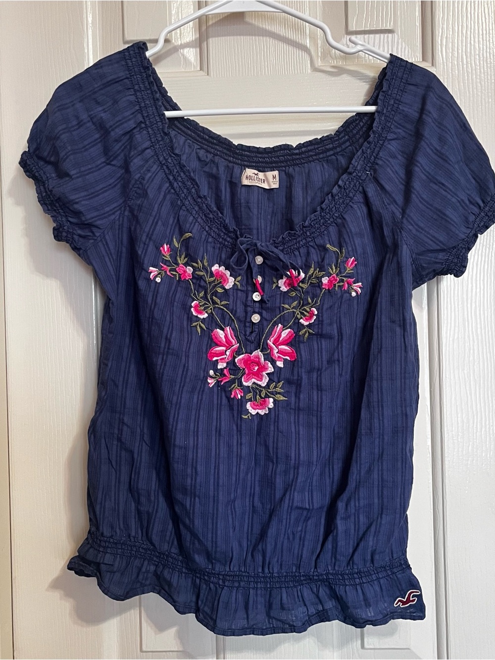 Hollister Y2K Embroidered Boho Peasant Top Blue Floral Cotton Size M Cottagecore